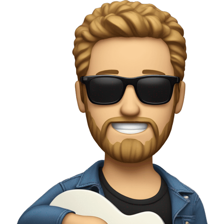 A white man with a beard in black sunglasses, red shirt and blue jeans playing electric guitar emoji