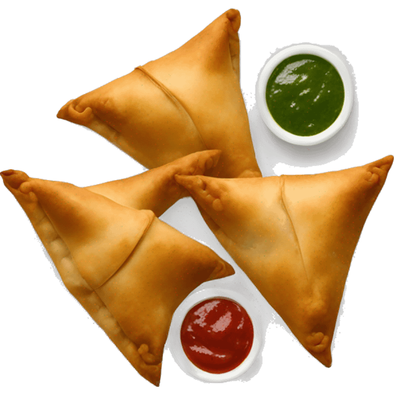 Samosas with red and green chutney on the side emoji