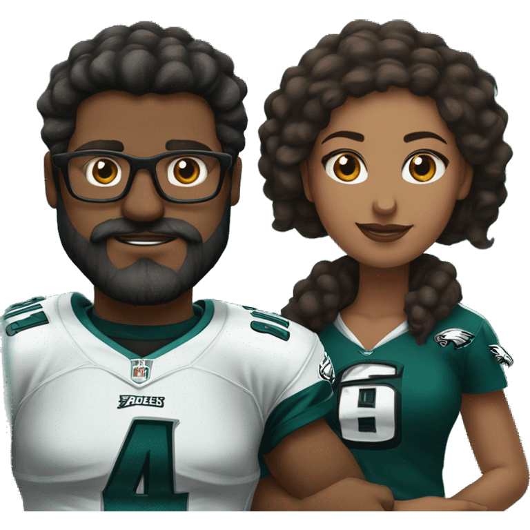 Heavy Brown guy with beard mustache and brown girl with glasses and her hair in a bun in Philadelphia eagles clothes holding hands emoji