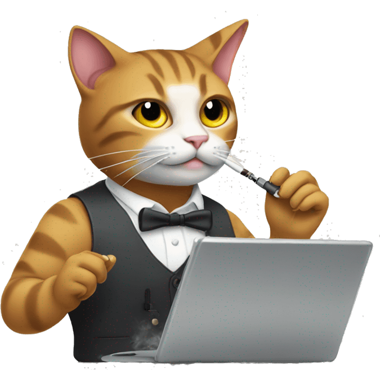 A cat smoking a vape while doing work tirelessly emoji