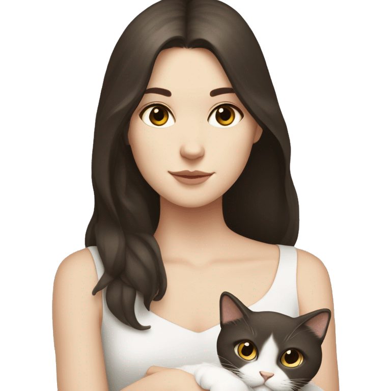 A pale girl with dark brown hair and dark brown eyes holds a white cat and look at the cat emoji