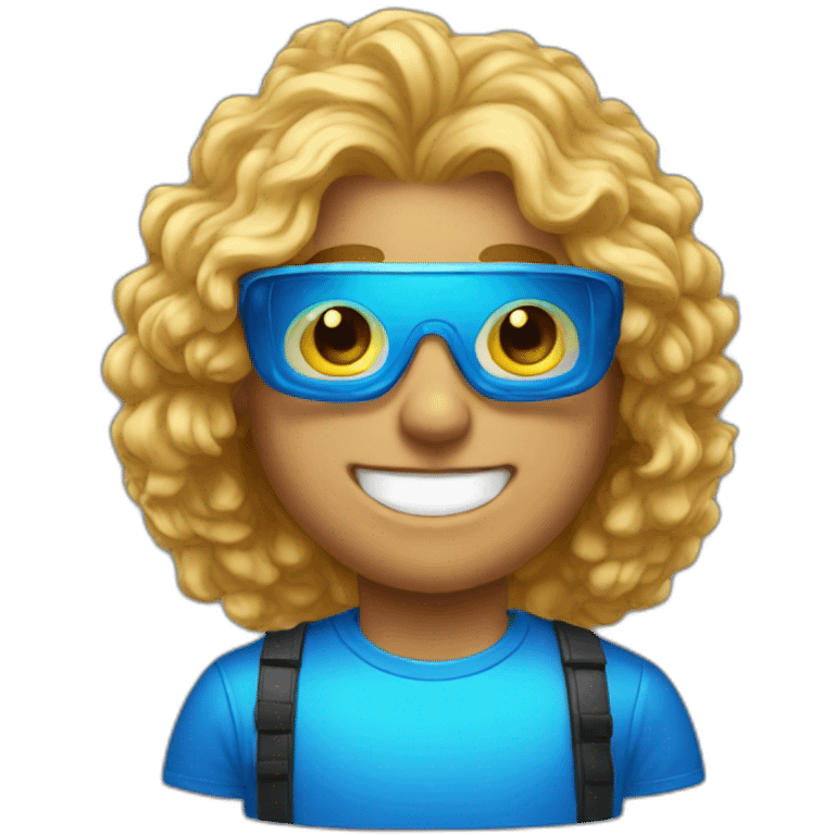 guy with golden lacy hair, blue vr glasses, blue supreme shirt and shiny teeth emoji