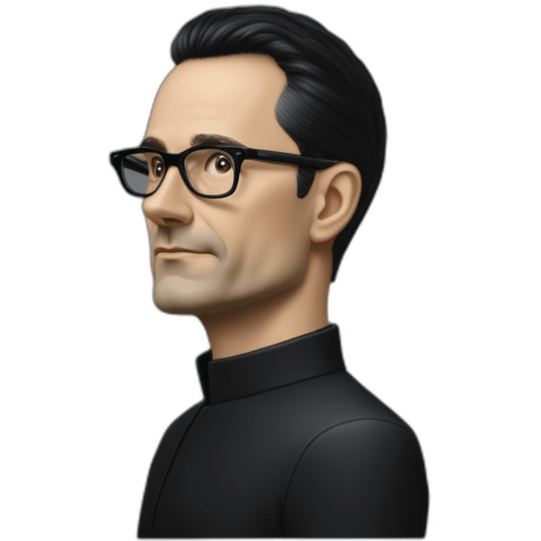 small photo realistic Ralf Hutter from Kraftwerk, short straight black hair, Dark Brown eyes, black glasses, thin, black shirt, side view, riding open top black tesla emoji