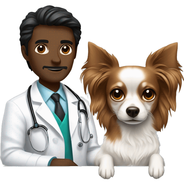 Veterinary doctor with wavy brown long hair brown eyes in a white coat next to a solid black chihuahua dog on a metal table  emoji