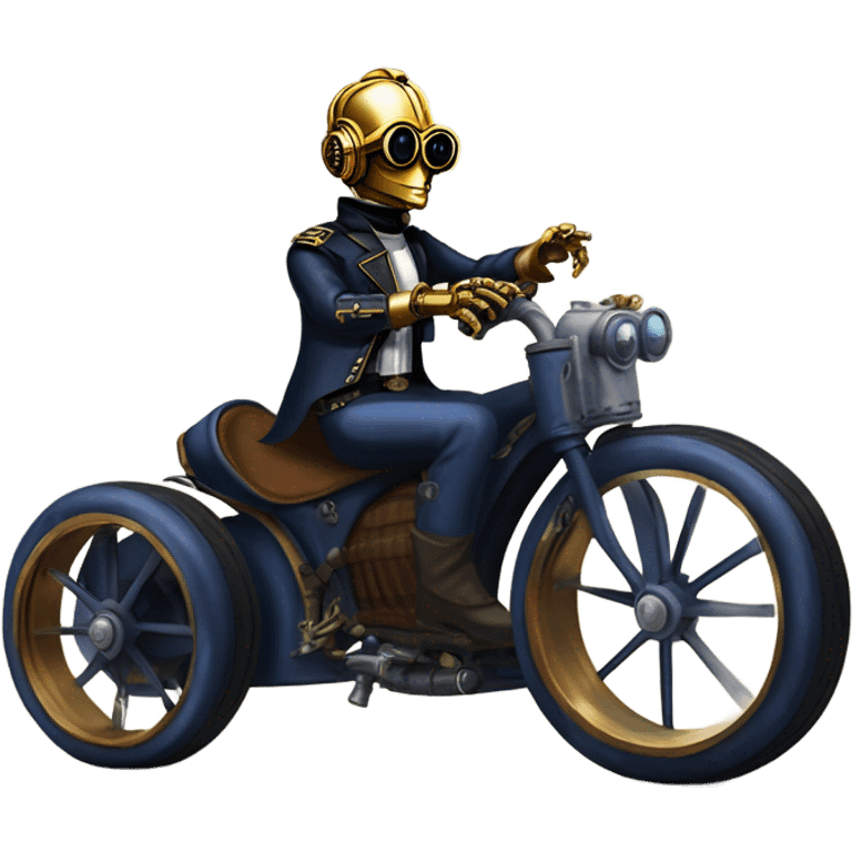 Bounty hunter C-3PO wearing a pair of navy-blue rimmed steampunk goggles, hat, leather chaps, fringe jacket riding a fast 3 wheeler trike steampunk motorcycle on ice  emoji