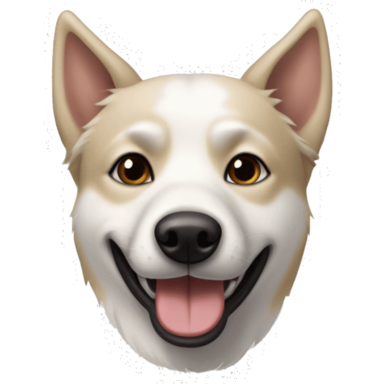 white husky-lab mix dog with completely black and tan and brown fur around his eyes and black/tan ears smiling with tongue out emoji