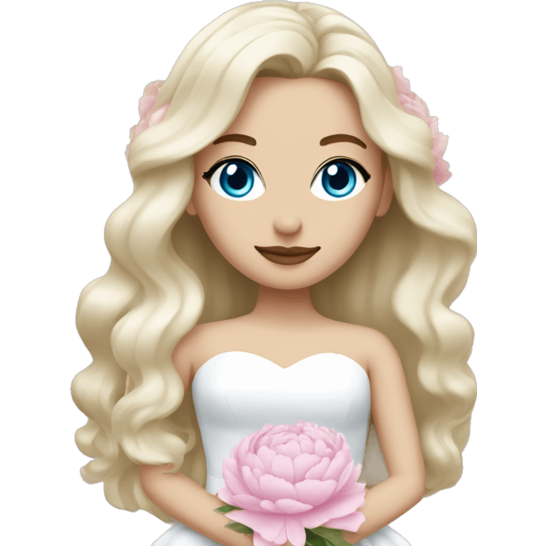 White bride with long light blonde hair and blue eyes with light pink peonies in hair white skin  emoji