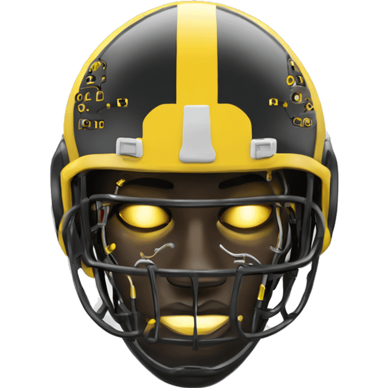 Black and yellow cyborg head with football helmet and circuits emoji