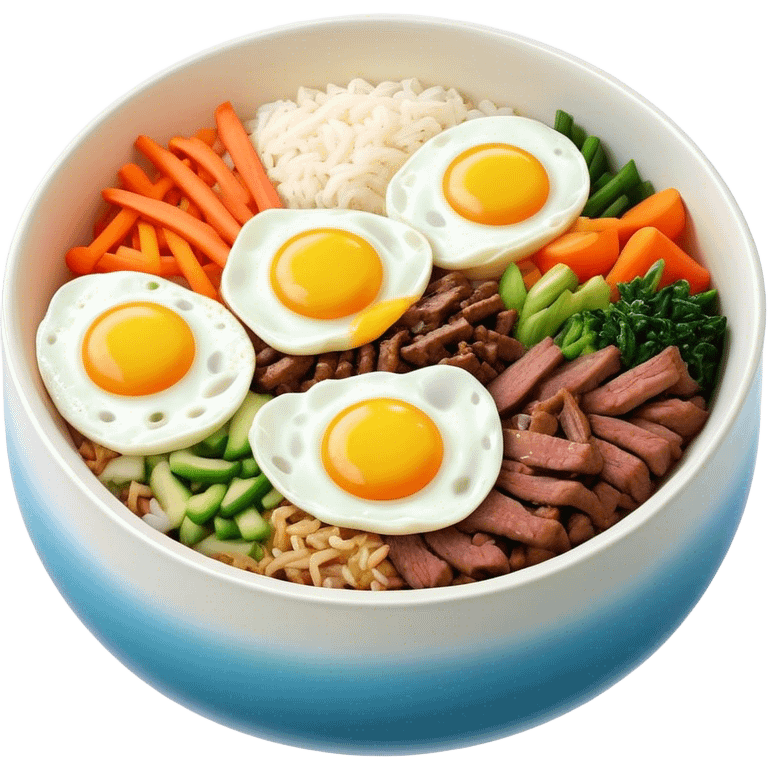 Cinematic Realistic Bibimbap Dish Emoji, showcasing a colorful bowl of mixed rice, assorted vegetables, beef, and a fried egg rendered with lifelike detail and vibrant, harmonious lighting. emoji