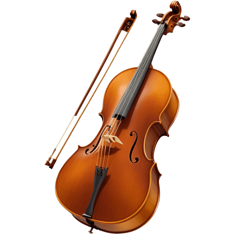 Create a refined and detailed emoji representing a Cremona cello with a bow. The design should feature the smooth, polished wooden body of the cello with a deep, rich tone color. The strings and tuning pegs should be visible, emphasizing the instrument's fine craftsmanship. Add a delicate bow placed gently across the strings, with intricate detailing on the hair and frog. Include subtle musical notes around the cello to evoke the graceful, classical sound. Use warm wood tones and accents like gold and silver for a professional, elegant look. The background should be transparent. emoji