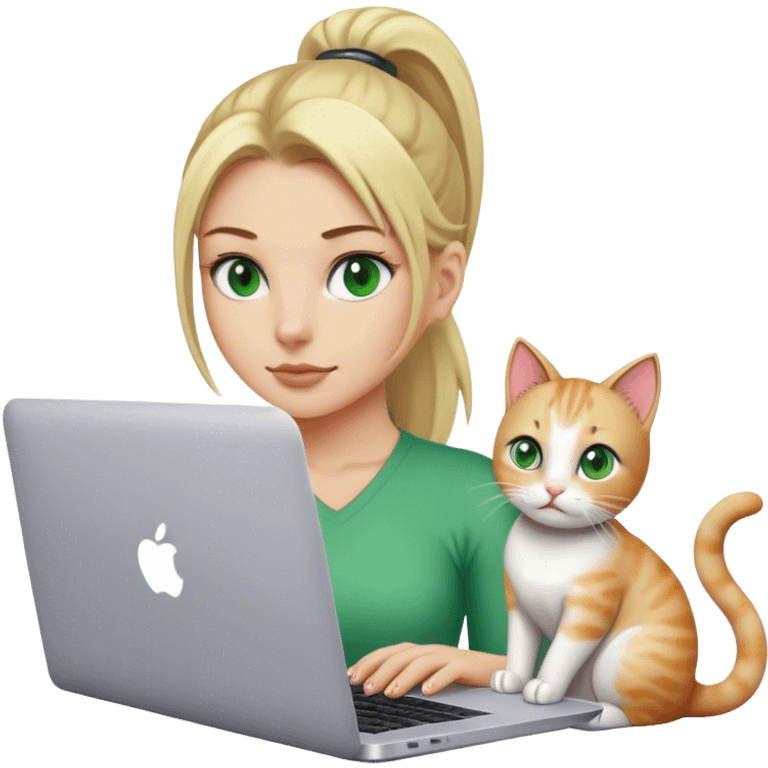 Blonde woman ponytail green eyes with cat and MacBook emoji