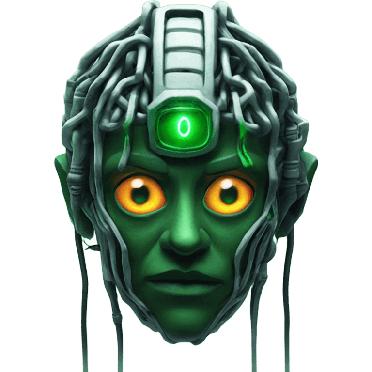 shodan from system shock game with green wires and evil eyes emoji