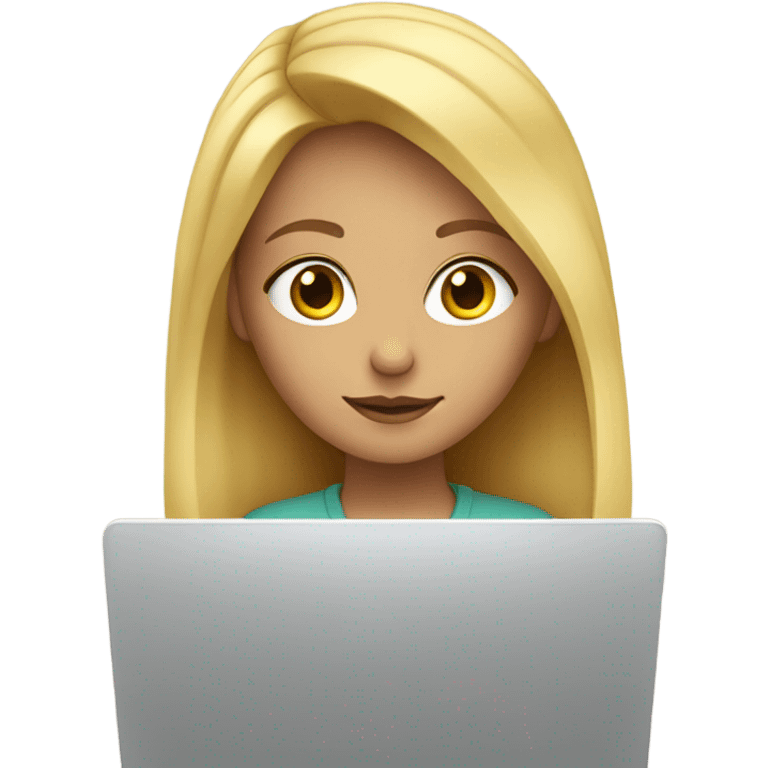 girl with blond hair sits at laptop working emoji