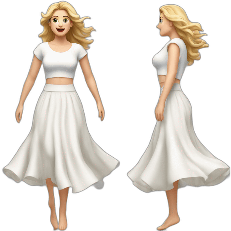 Hyperrealistic Full body Caucasian curvy beauty jumping white skirt back and front views strong wind emoji