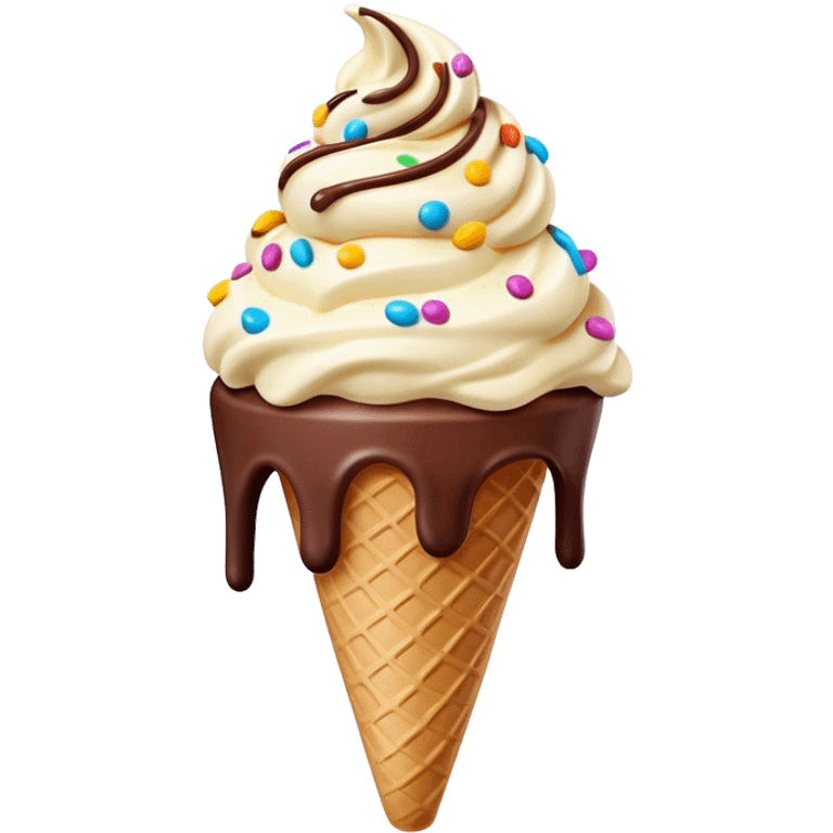 Cinematic scoop of rich, creamy ice cream, slightly melting, smooth swirls of chocolate and vanilla, colorful sprinkles on top, warm glowing background, playful and inviting. emoji