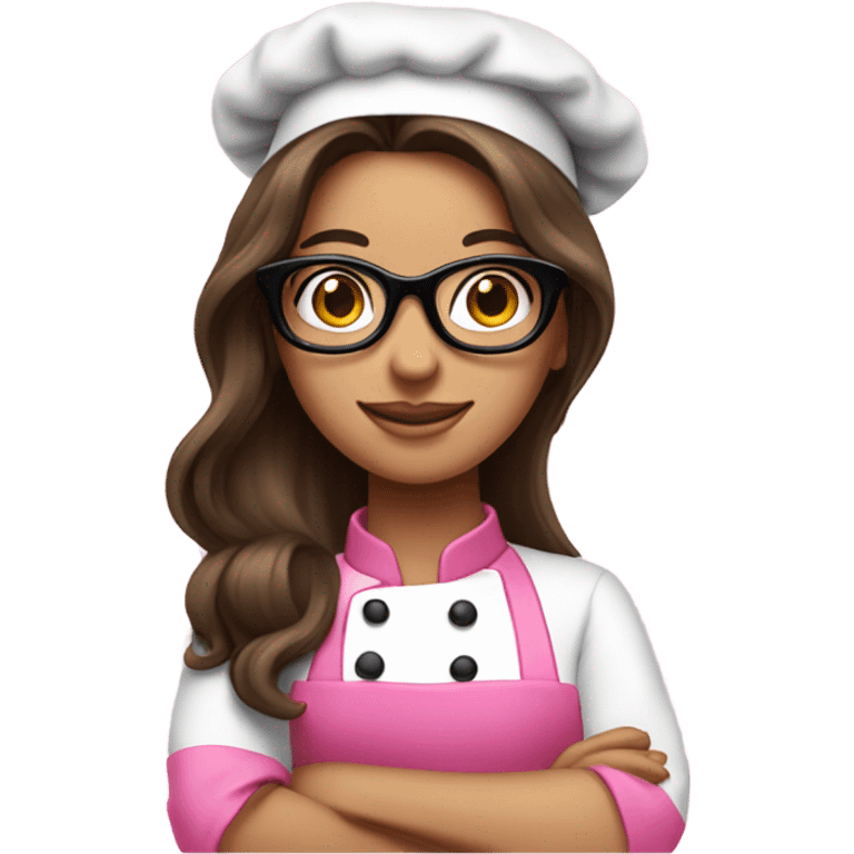 long brunette hair girl with black glasses and a pink chef outfit emoji