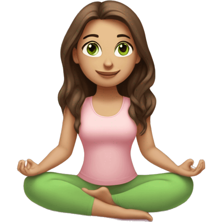 brunette long hair and green eyes yoga girl in light pink clothes sitting on a yoga mat emoji