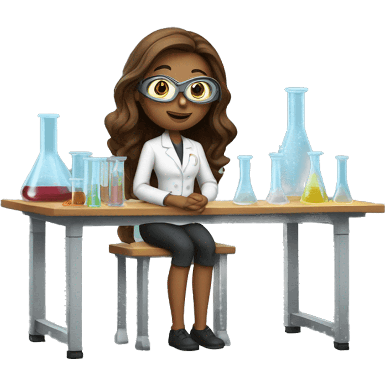 Woman with straight long brown hair wearing small clear goggles in a lab class with a traditional bench and beakers  emoji