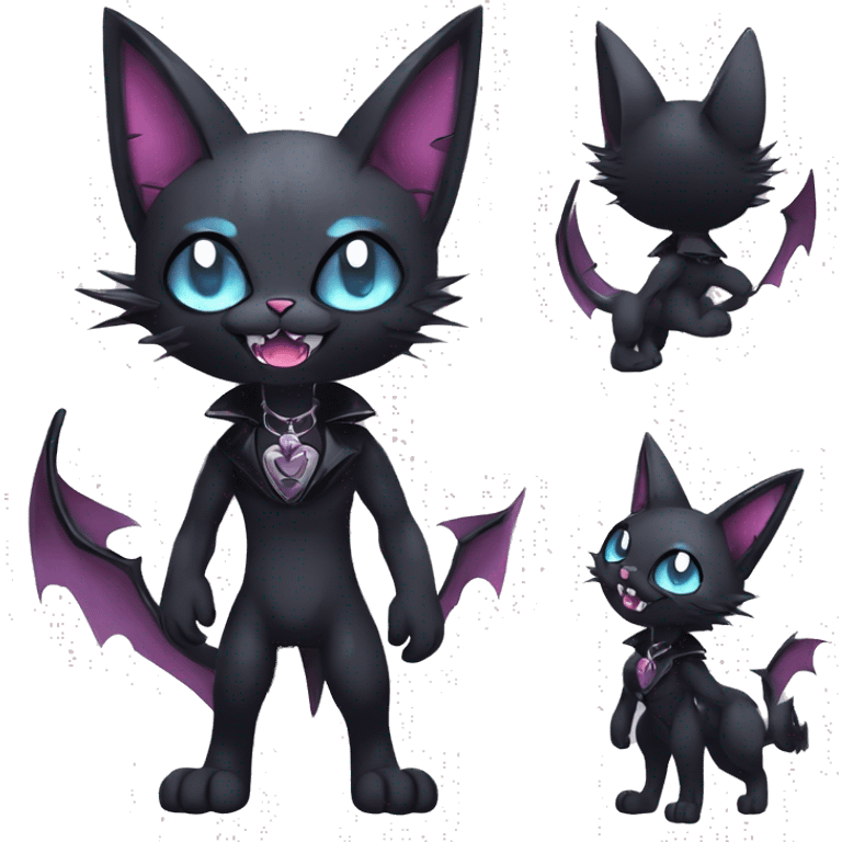   cool edgy kawaii anime-style ethereal dark-punk-themed animal vampiric cat-hybrid Fakemon with fangs and bat-wing-ears with a collar full body emoji