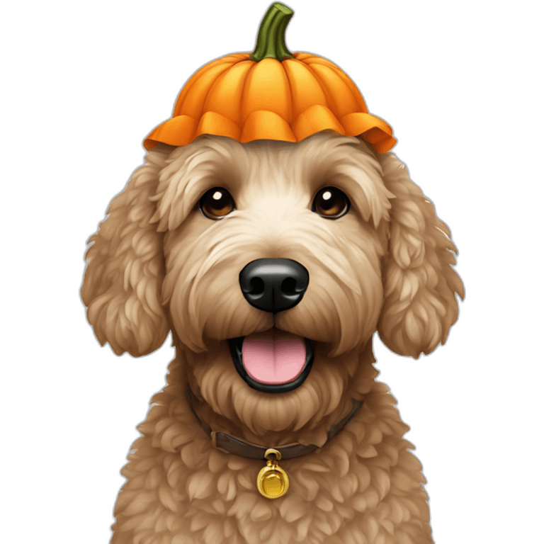 Black golden doodle wearing a pumpkin hat emoji