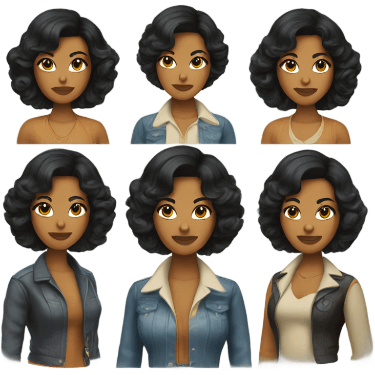 Tanned woman with black hair wearing 1970s style outfit and hair emoji