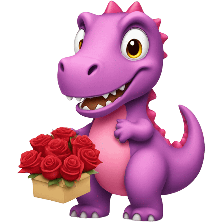 Pink dinosaur holding red roses & chocolates  emoji