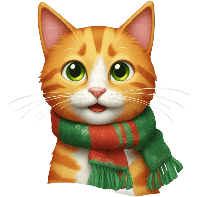 Happy orange cat with green and red scarf in the snow emoji