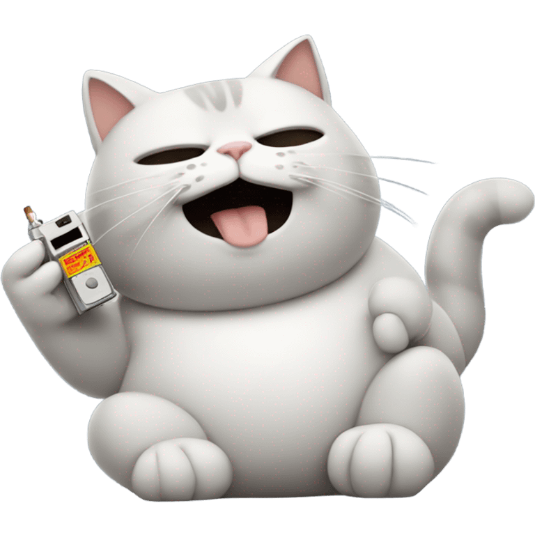 a fat cat smoking a cigarette holding a disposable camera emoji