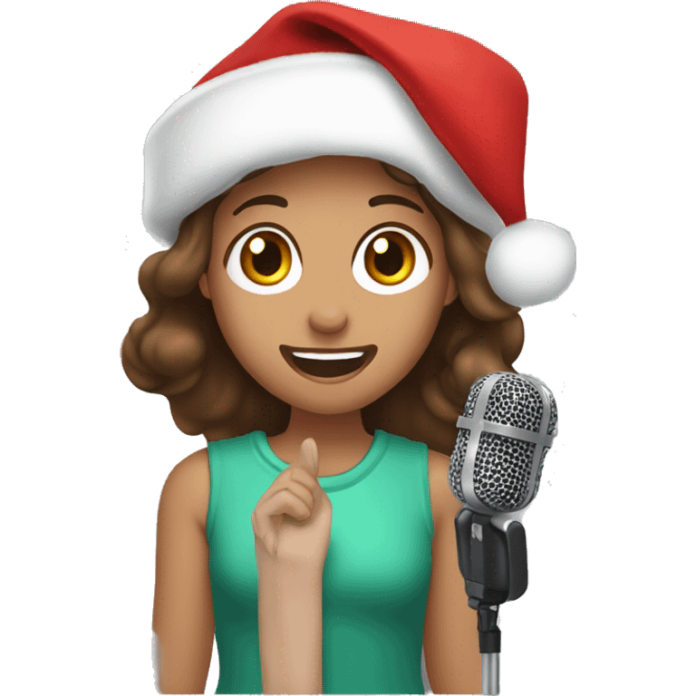 Girl with brown hair and brown eyes singing in a microphone with a Christmas hat on emoji