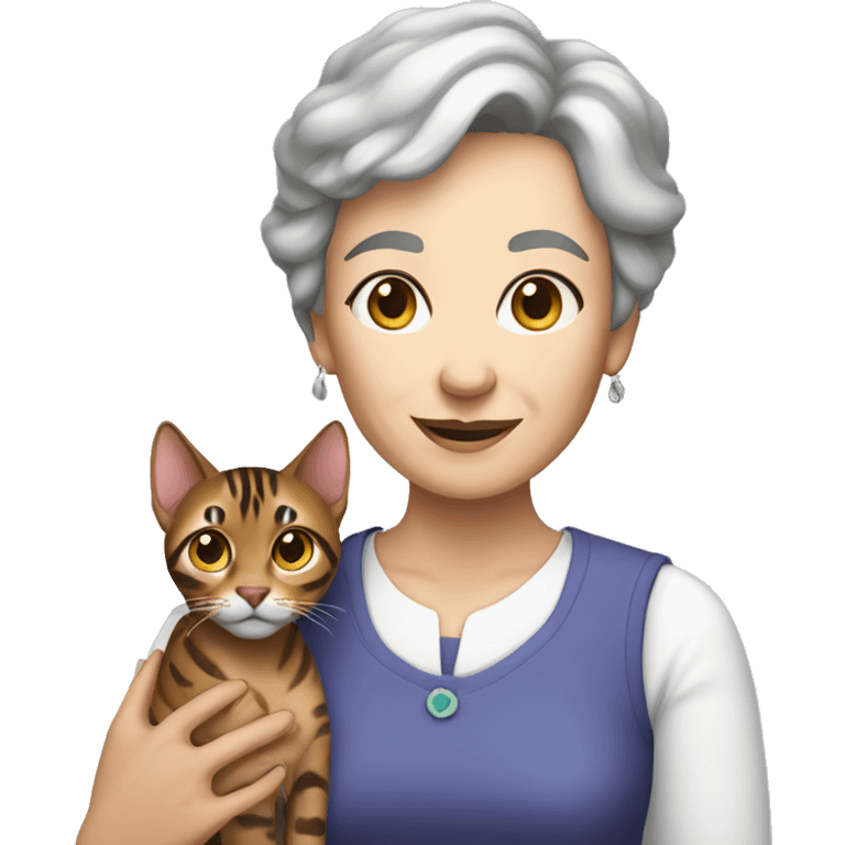 Older woman with short brown hair holds blue eyed bengal emoji