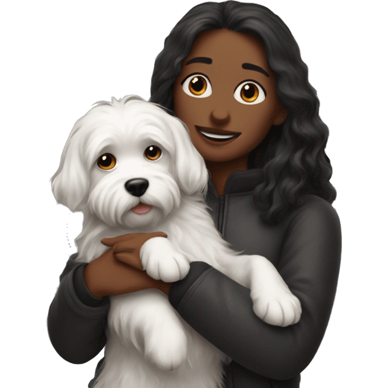 Dark-red-haired girl hugs  her maltese black dog emoji