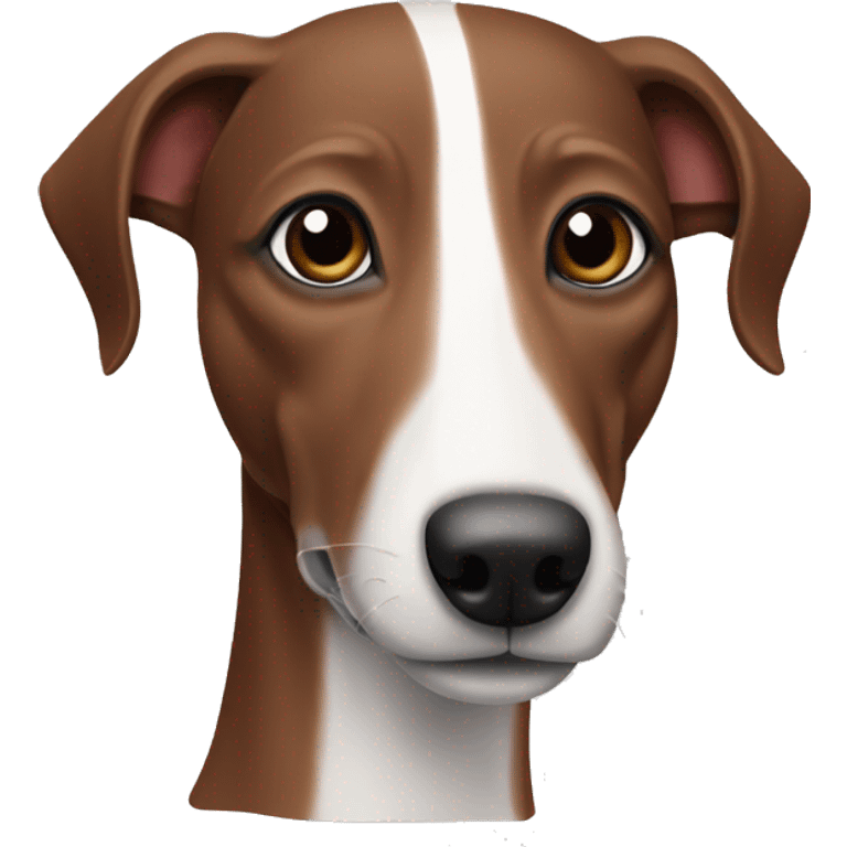 Red brown black striped whippet dog with white spots on face emoji