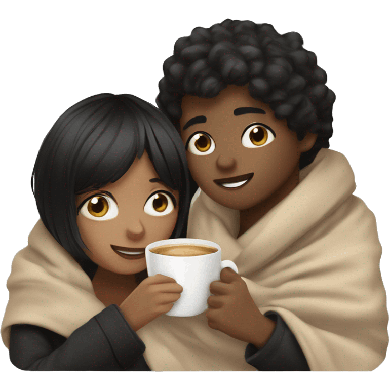 BROWN SKIN BOY, with BLACK SHORT HAIR and a TAN SKIN GIRL, with BLACK HAIR and BANGS, inside a blanket sipping coffee emoji