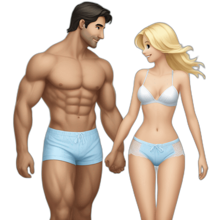 pretty blond woman in light blue lingerie holding hands with handsome dark haired man wearing white shorts emoji