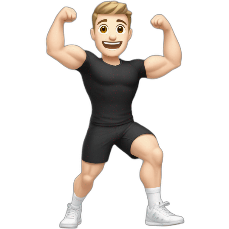 Joyful Celebrating victory Pale skinned Fit Man With the biceps and dark brown hair in black shirt, gray sports shorts and white Sneakers emoji