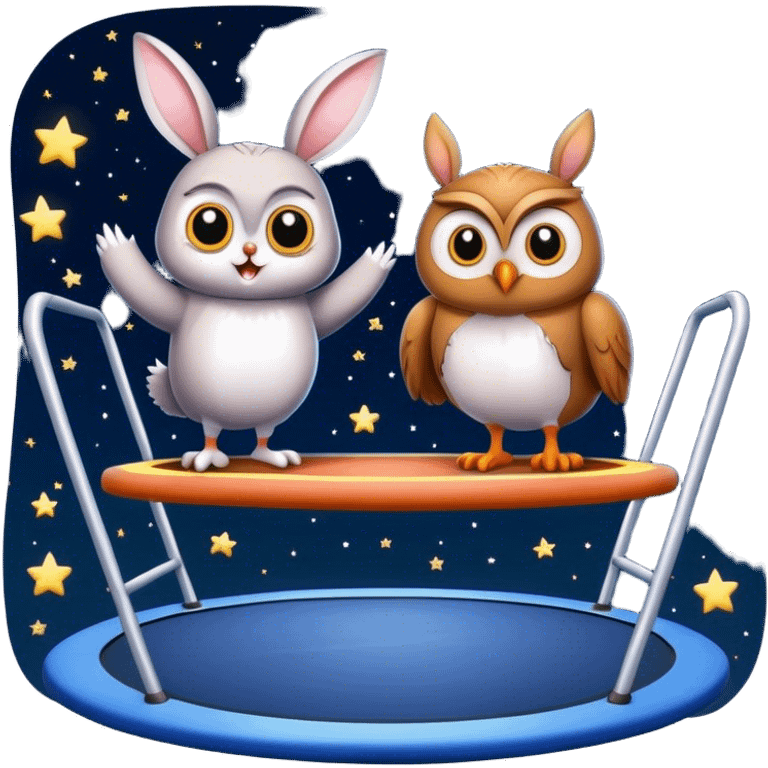 rabbit and owl on trampoline with starry sky emoji