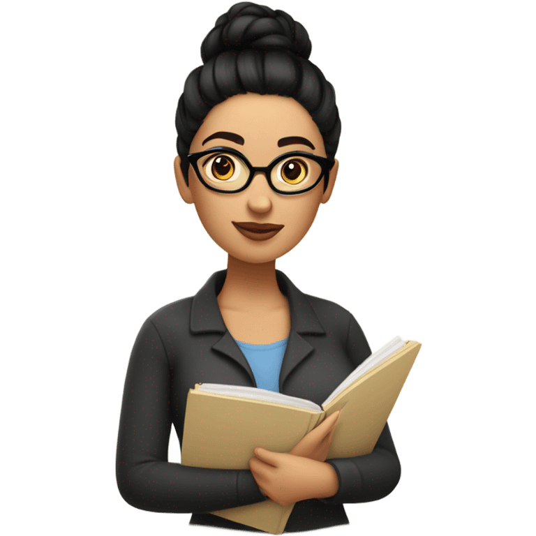 An caucasian woman with Black hair with tophead bun, she has glasses, she is writing a note on her notebook, we can see her pencil while writing emoji