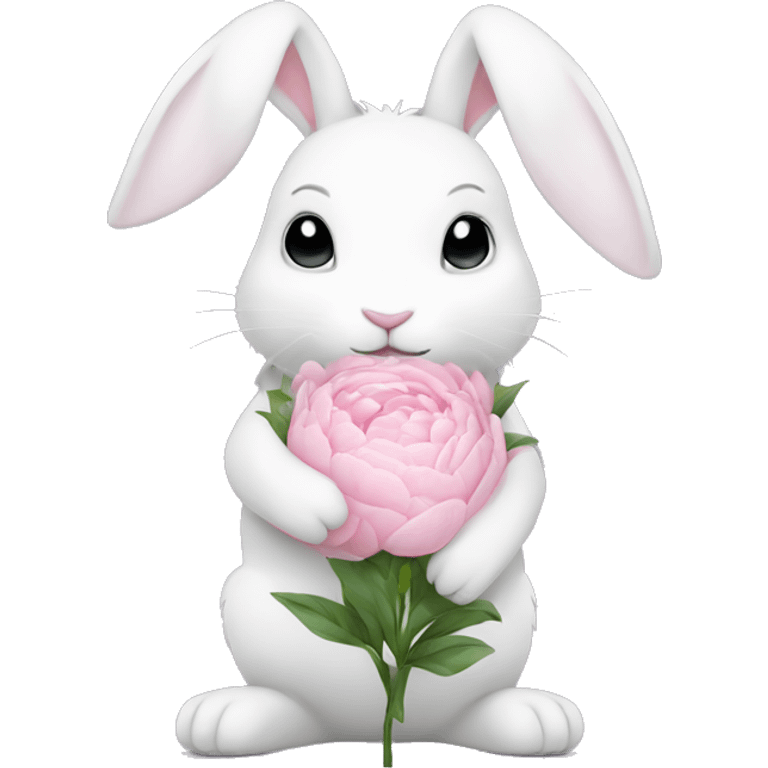 cute white bunny holding light pink peonies emoji