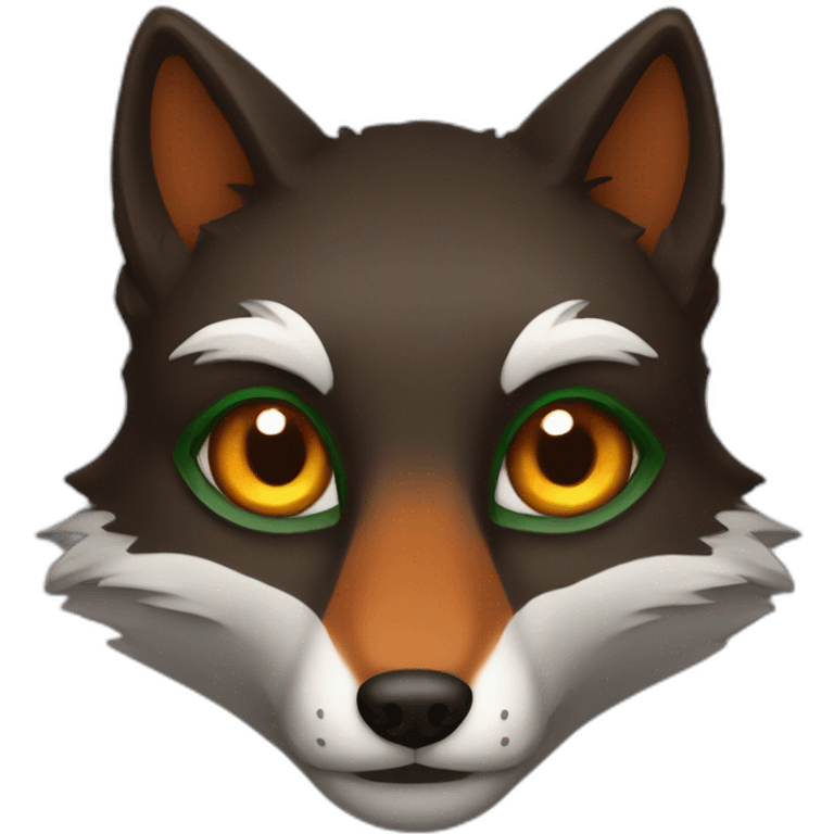 a small dark brown fox with orange eyes with a dark green hood emoji