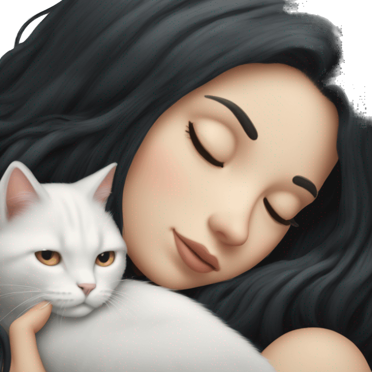 A pretty white girl with very long black hair and sleeping curled up to a white cat  emoji