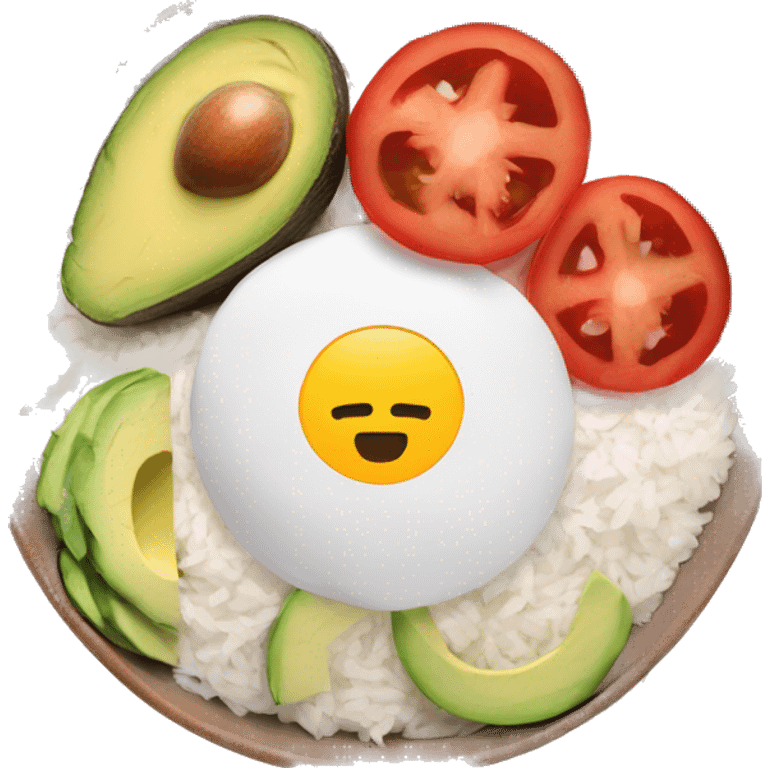 a big bowl with white rice, tomatoes, green sliced paprika, sliced avocado and pink joghurt emoji