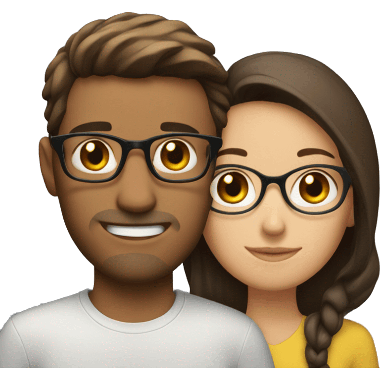 A brunette guy with brown eyes hugs a brunette with glasses emoji