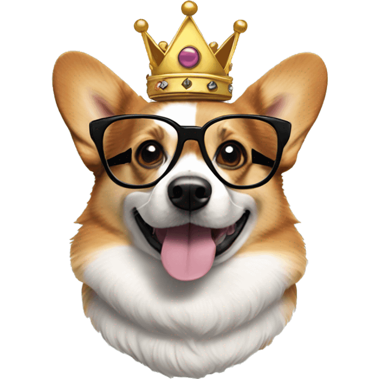 Tri-colored-corgi with round glasses and a crown  emoji