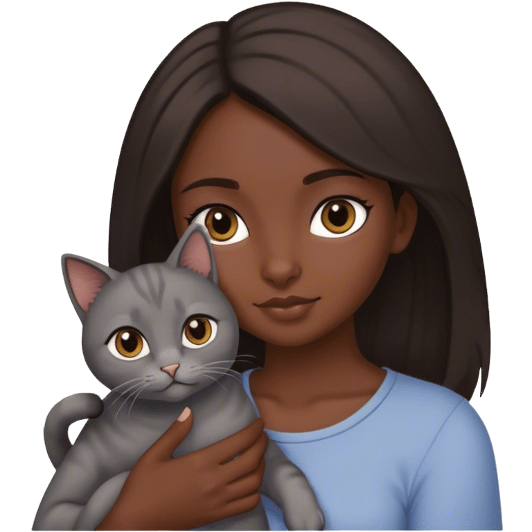 Dark Brown hair girl holding a grey cat emoji