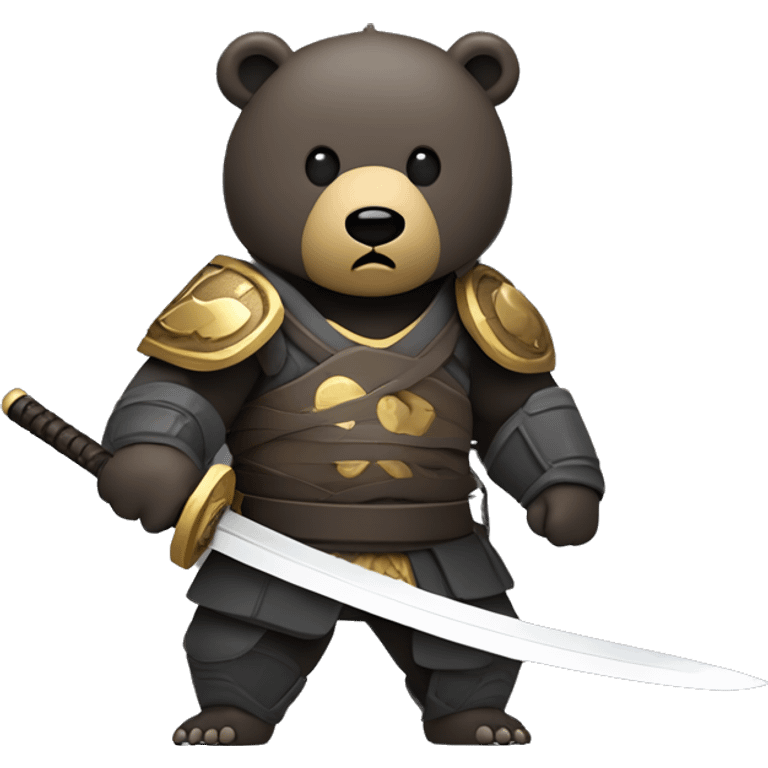 Create a 3-5 second looped animation of a brown or dark gray samurai bear in dark armor, reacting with disappointment as a gold or silver cryptocurrency coin falls. The bear ends by lowering its head or stabbing its katana into the ground in shame. emoji