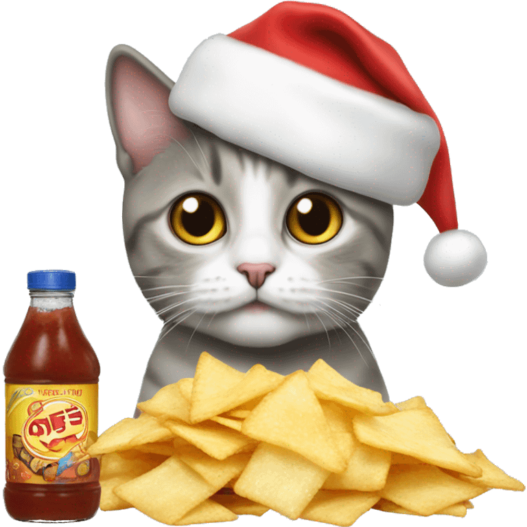 Cat wearing a Santa hat, while salt and vinegar chips  emoji