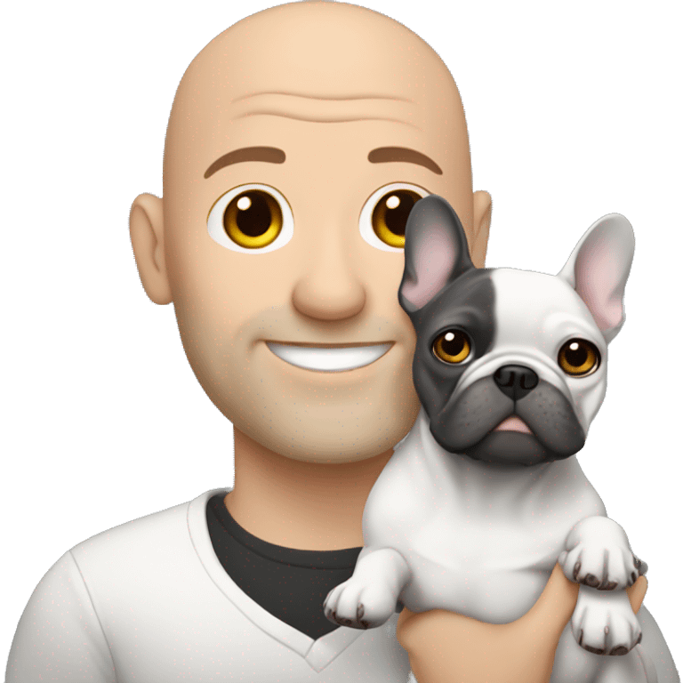 Bald man holding dark grey french bulldog  emoji