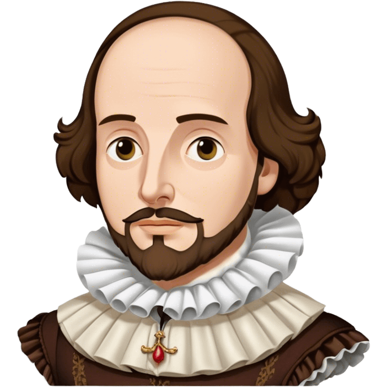 Cinematic Realistic portrait of William Shakespeare, depicted as an iconic playwright in richly detailed Elizabethan attire with a ruffled collar, expressive eyes, and a thoughtful gaze, bathed in dramatic historical lighting that evokes the Bard’s timeless legacy emoji