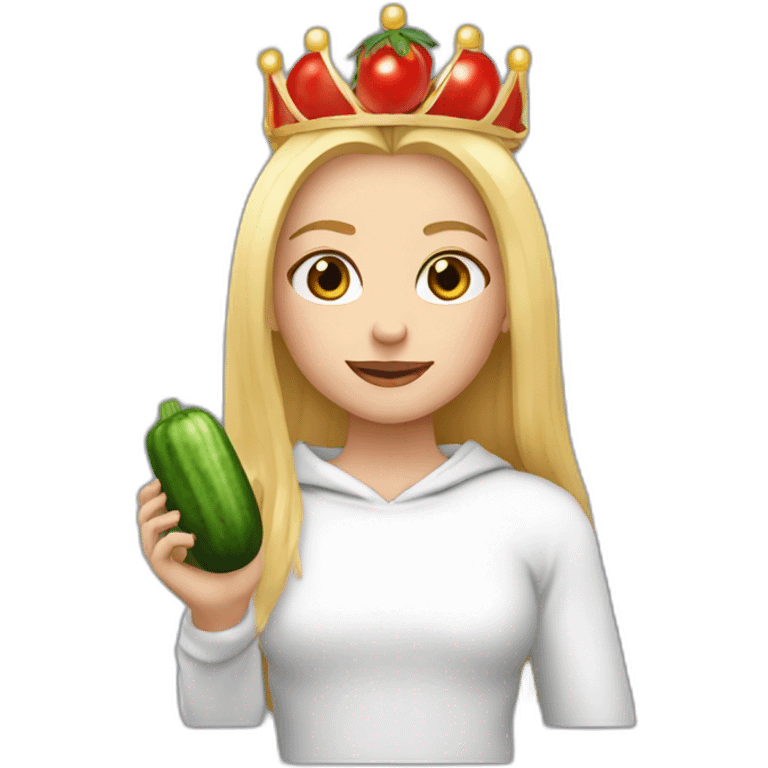 blonde girl  eating  cucumber and tomatoes with white hoodie iridescent and a crown princess emoji