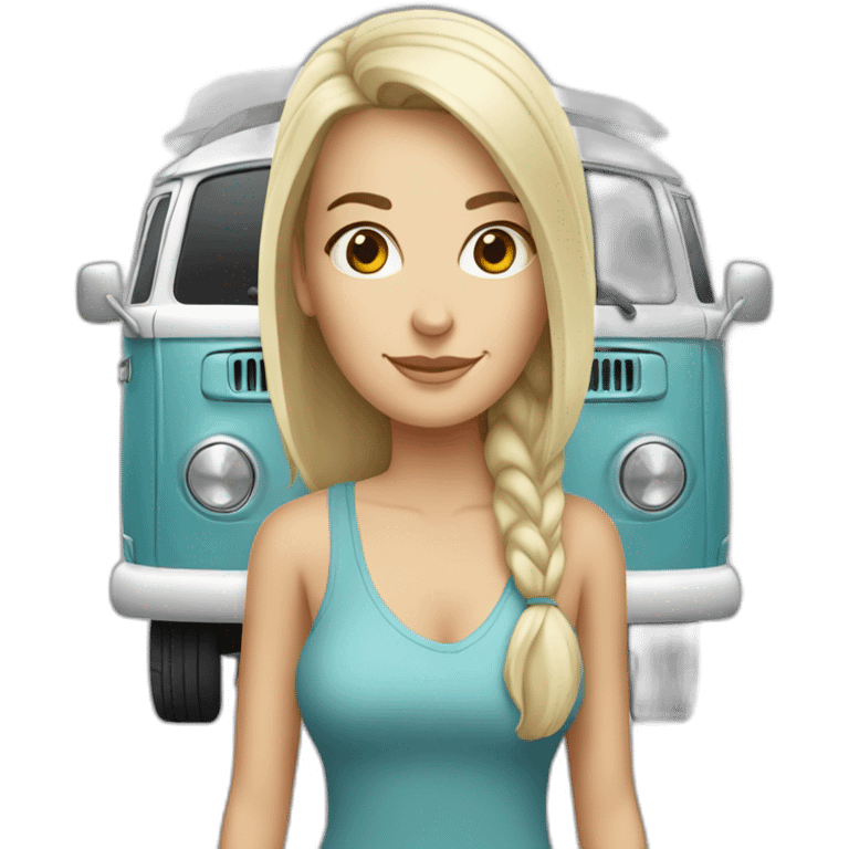 Hip white woman with a Volkswagen camper van emoji